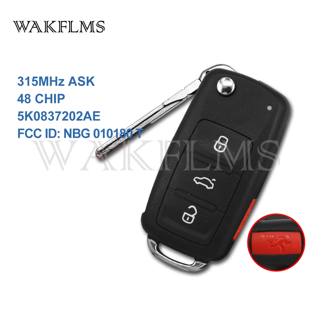 

4btns remote car key 315Mhz for Volkswagen VW Jetta Passat Beetle Tiguan EOS Golf 2011-2017 48 CHIP 5K0 837 202 AE NBG 010180 T