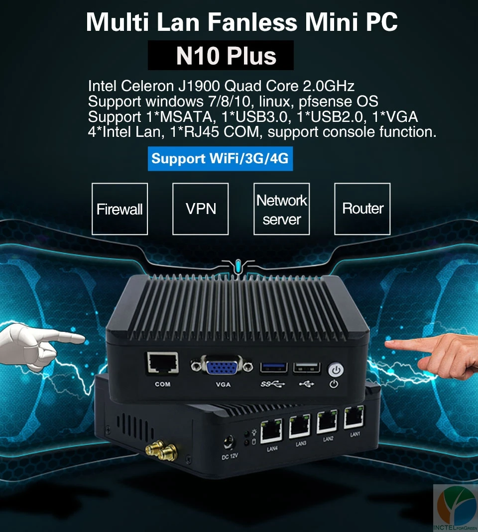 Причастником безвентиляторный 4 ядра J1900 Mini PC Netwrok сервер 4 * Intel Gigabit Lan Порты и разъёмы поддержка 3G/4G