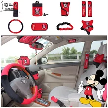 MUNIUREN 10pcs / set Cute Cartoon Mickey Car Seat Cover Interior Accessories Plush Universal Steering Wheel Cover for Women