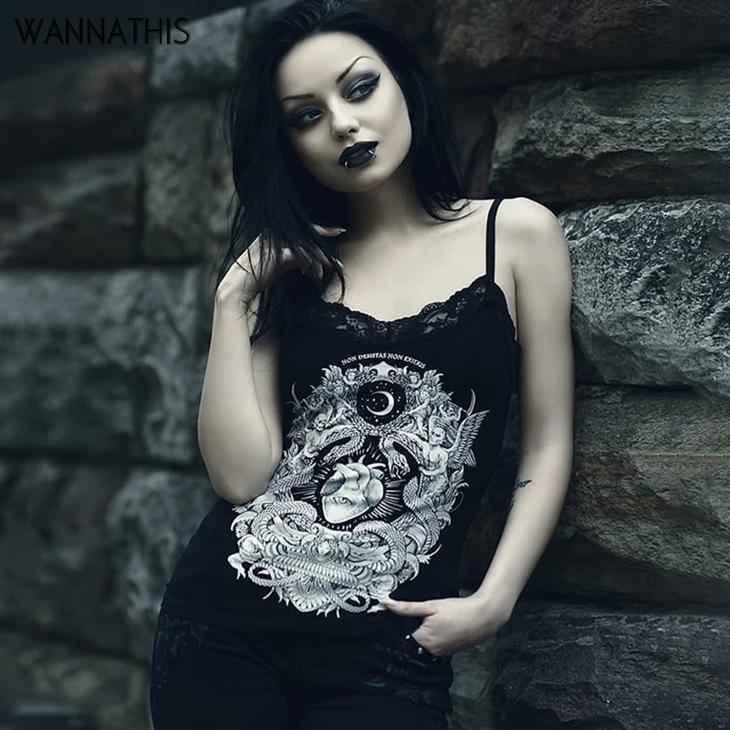 

WannaThis Black Lace Trim Camis Top Lady Streetwear Spaghettie Strap Dragon Printed Gothic Punk Sexy Fit Top Summer Women Tops