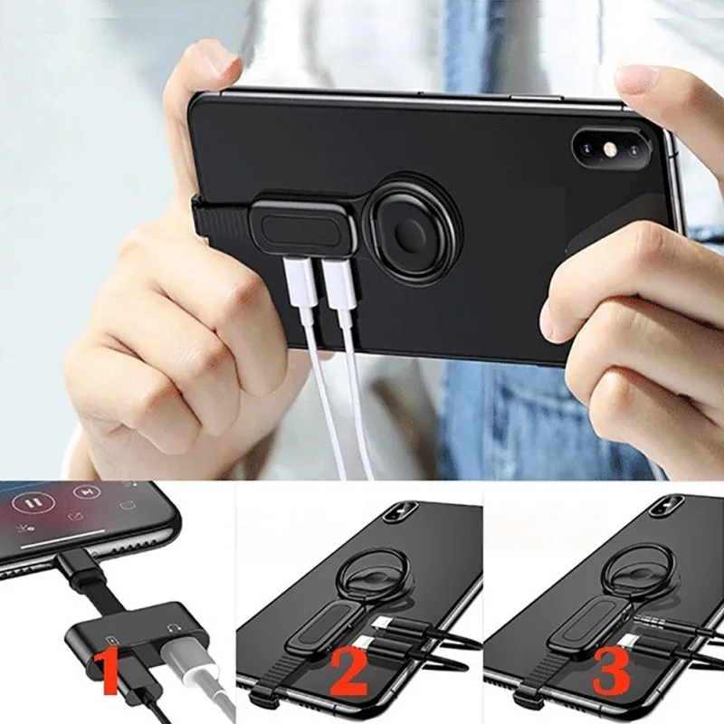 

For Lighting Dual Adapter & Ring Holder USAMS 3.5mm Audio&charger Adjust Phone Holder fast charging for iPhone iOS Adapter OTG