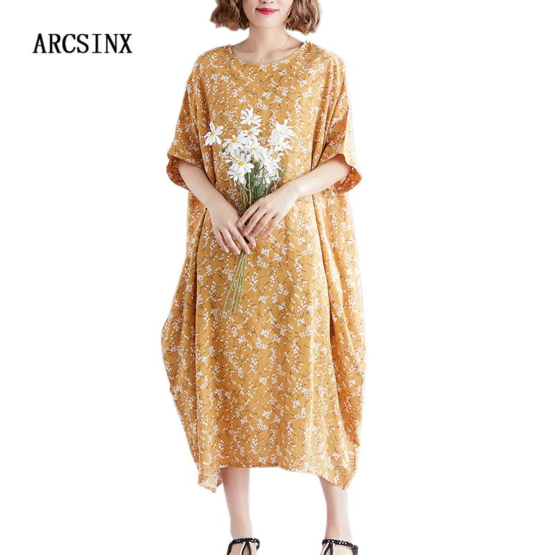

ARCSINX Floral Dress Women Plus Size 10XL 9XL Casual Prairie Chic Summer Dress Woman Cotton Yellow Large Size Dresses For Women