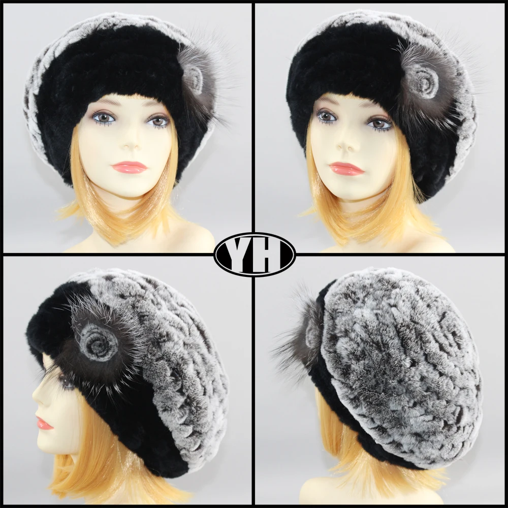 New arrive Women fur Berets real rex rabbit fur hat warm elastic flower lady fashion fullness fur cap headgear