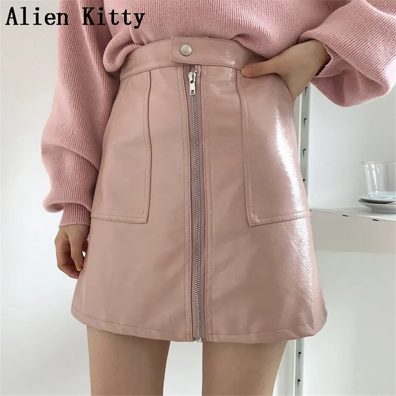 Alien Kitty Pink All Match PU Leather Zipper Pocket Women Slim Skirts High Waist Mini A-line Solid Simple Sexy Fresh | Женская одежда