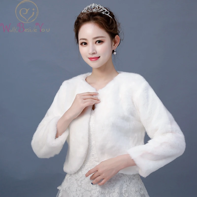 Walk Beside You Chaqueta Fiesta Mujer Winter Three Quarter Long Sleeves Faux Fur Wedding Jacket Warm Bridesmaid Boleros Estolas