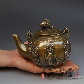 

Chinese Ancient Copper Teapot Fishes Pattern Brass Pot Feng Shui Ornaments Collection Of Gifts