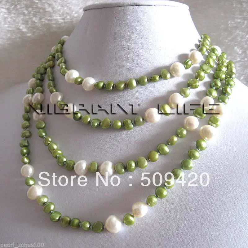 

Free Shipping >> 66" 4-8mm White Green Baroque Freshwater Pearl Necklace Strand