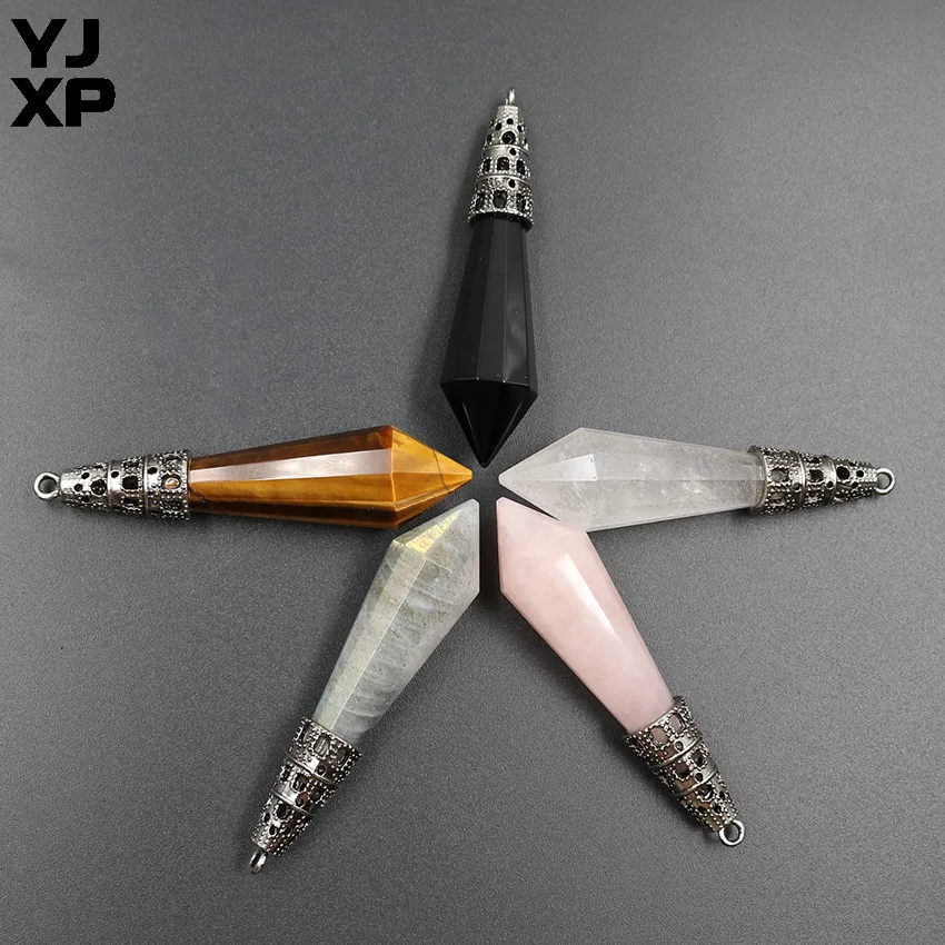 

1 Pcs Vintage Copper Plated Hexagonal Cone Column Link Chain Pendulum Pendant 6 Colors Choices Natural Stone Reiki Jewelry