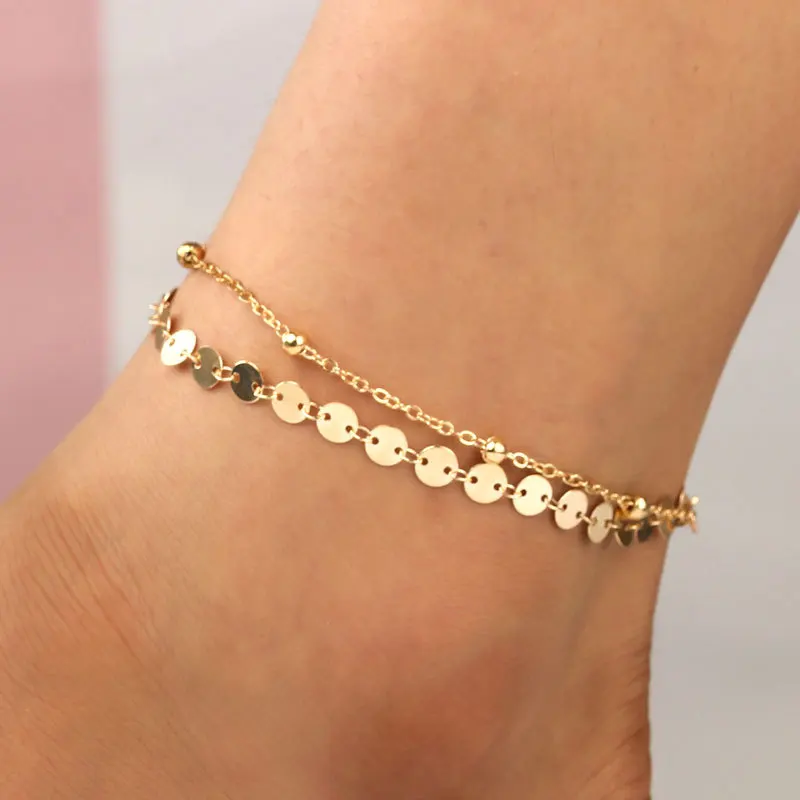 

Hot New fashion trendy foot jewelry Gold Silver Color Double Ankle Chain Sequins Ankle round bead anklet gift for women girl