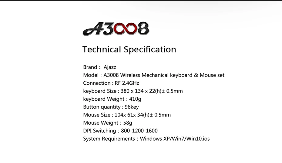 Ajazz A3008 2.4G Wireless Mechanical Keyboard & Mouse Combos White Backlit Blue Switches Keyboard 1600DPI Mouse  (13)