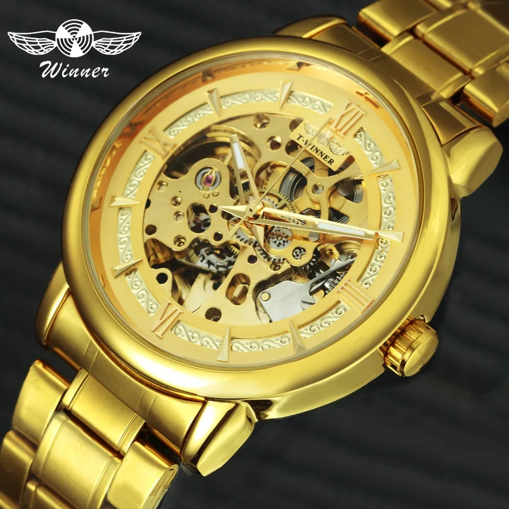 

WINNER 2019 Fashion Mens Watches Top Brand Luxury Golden Skeleton Auto Mechanical Watch Men Stainless Steel Strap Royal relogio