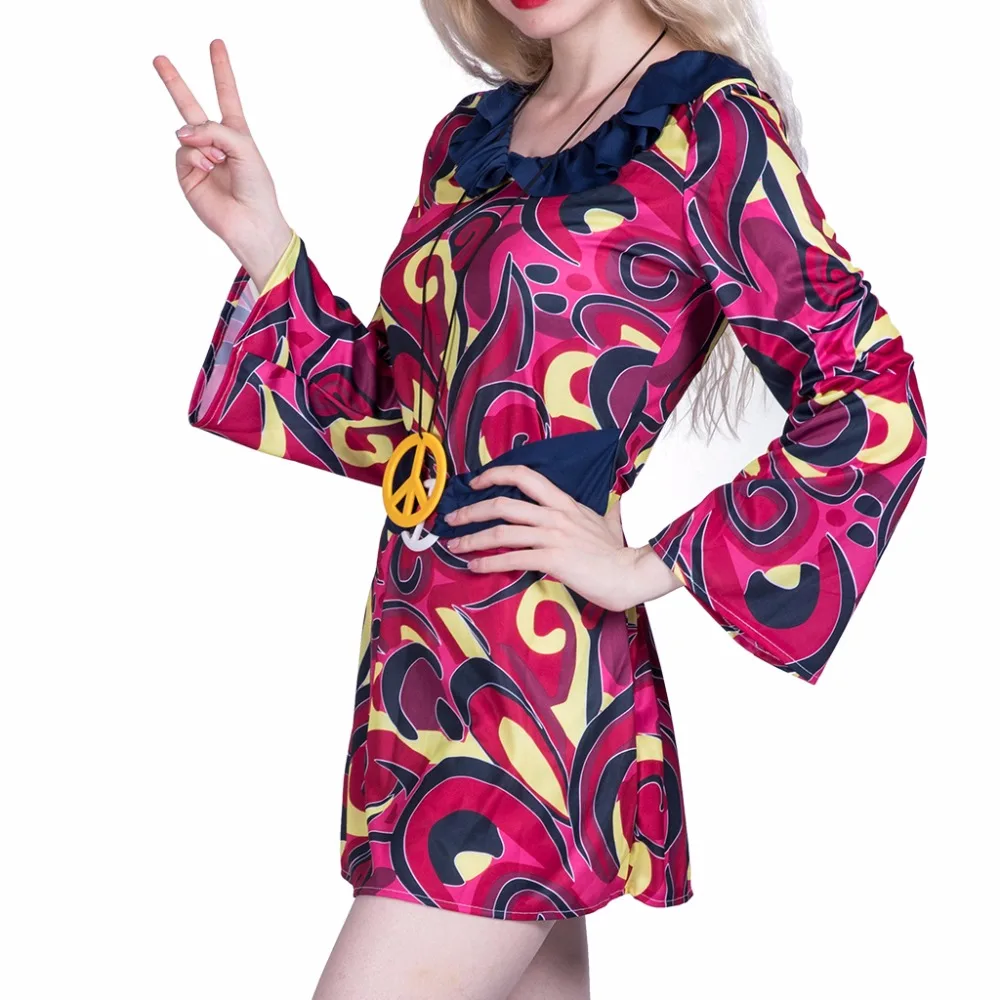 Для женщин сексуальный Hippie Peace Love костюм платье с цветочным принтом Косплэй вечернее изящное платье мини-юбка для взрослых девочек костюмы на Хэллоуин