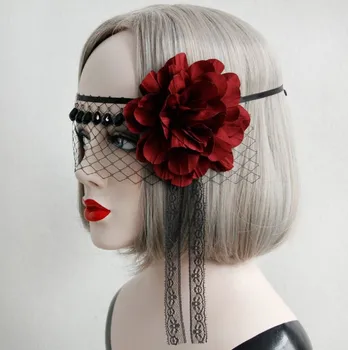

Fun Dance Half Face Cosplay Masks Halloween Black Lace Face Veil Tiara Mask with Flower