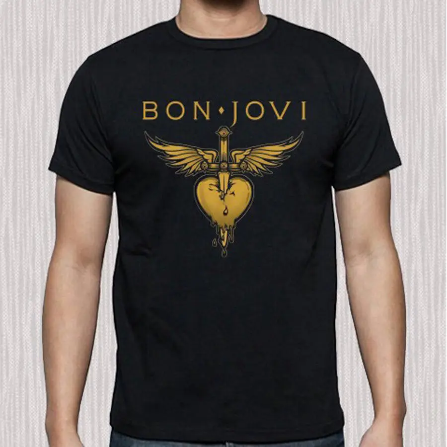 New Bon Jovi Heart Logo Concert Tour Rock Band Men's Black T-Shirt Size S to 3XL Short Sleeve T shirt Cotton Shirts top tee | Мужская