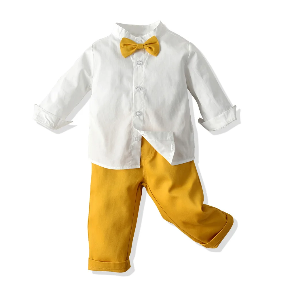 Одежда для маленьких мальчиков белая рубашка+ желтые штаны Детский костюм на возраст от 1 до 6 лет осенний костюм для мальчиков комплект детской одежды с желтым бантом - Цвет: 3 pieces