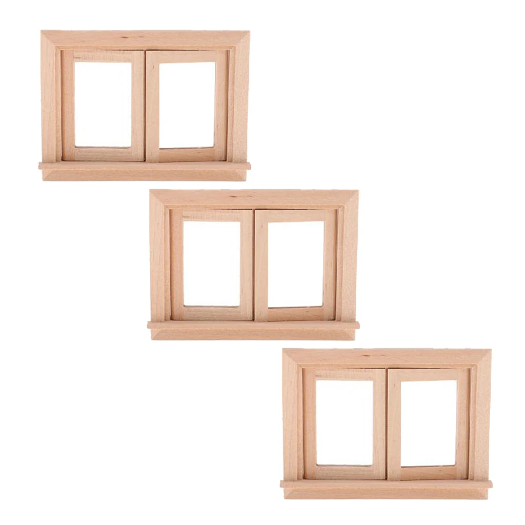 3 Pieces Vintage Style 1/12 Unpainted Wood 2-Pane Window Frame for Dolls House Room Fairy Garden Decor