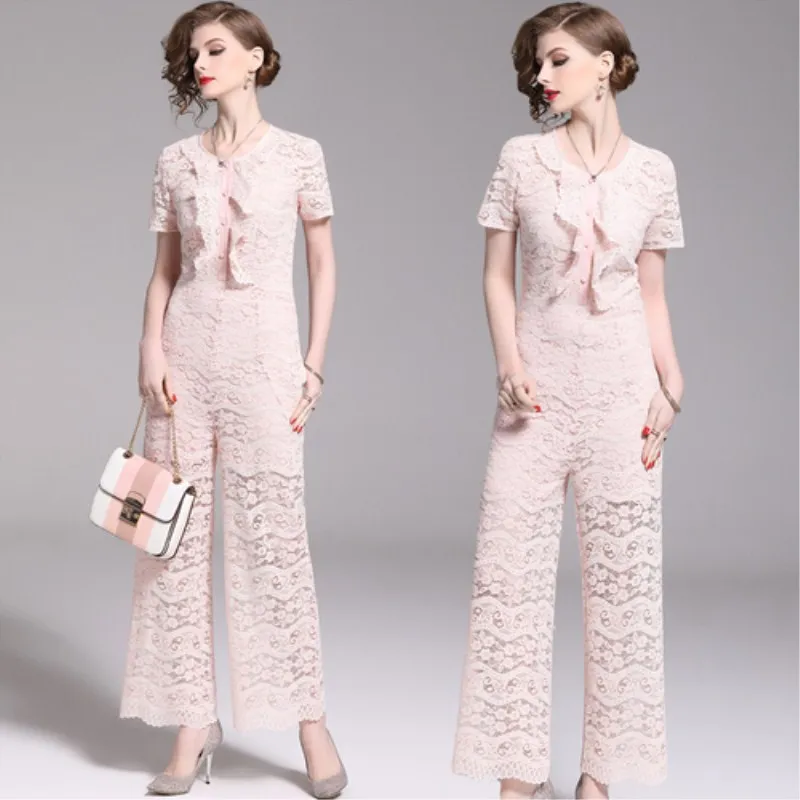 

2019 New Jumpsuit Women Summer Fashion Elegant Pink Lace Straight Ruffles Short Sleeve Casual Streetwear