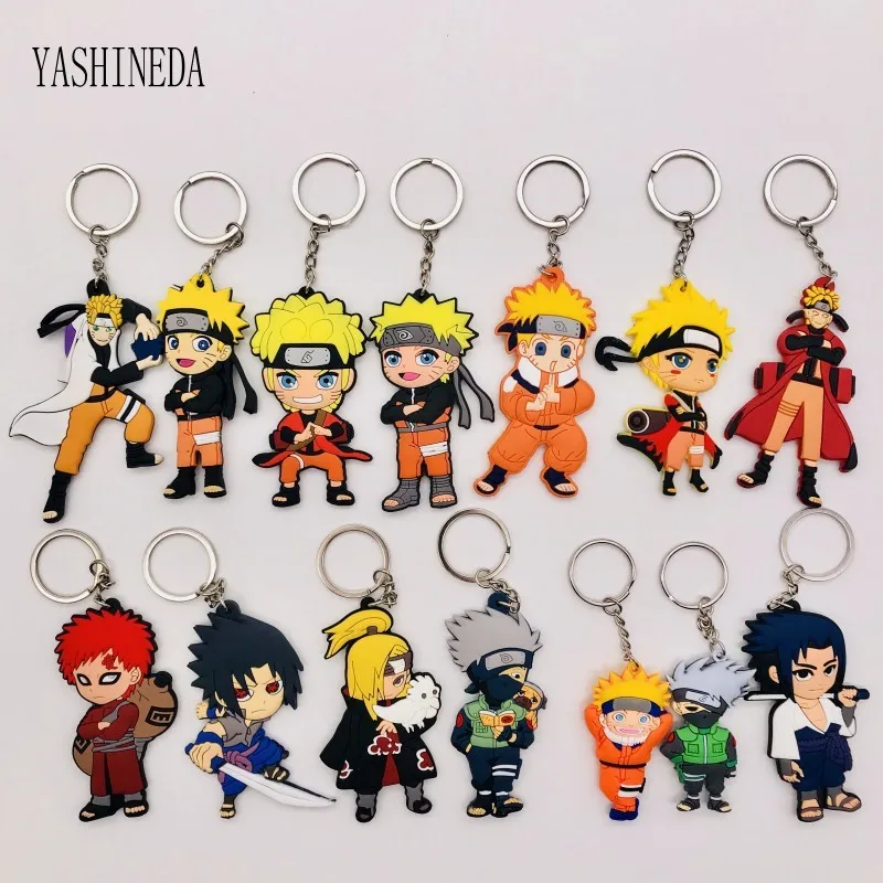 

50PCS Cartoon Figure Naruto Keychain PVC 3D Double Side Anime Naruto Sword Key Chain Key Ring Kids Toy Key Holder Trinket Gift
