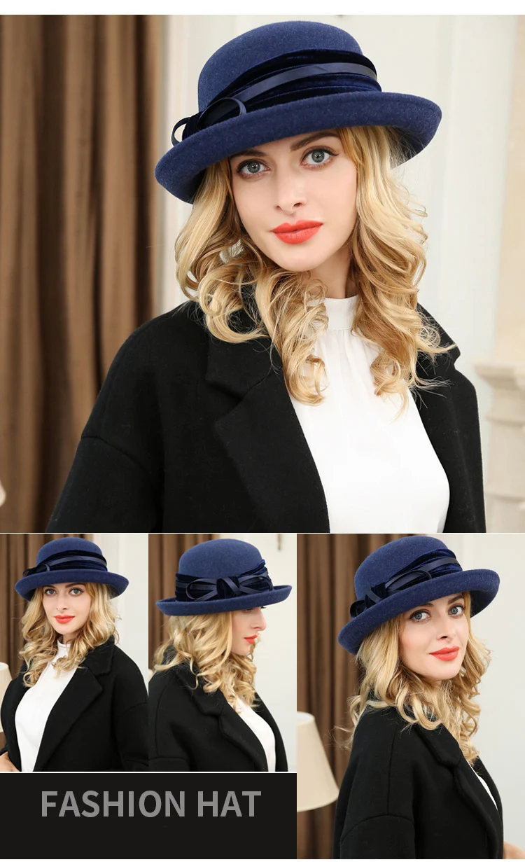 1_Vintage Wide Brim Hats Felt Women Navy Blue Wool Fedora Warm Ladies Bowknot Top Cloche Hat 2018 Chapeau Femme