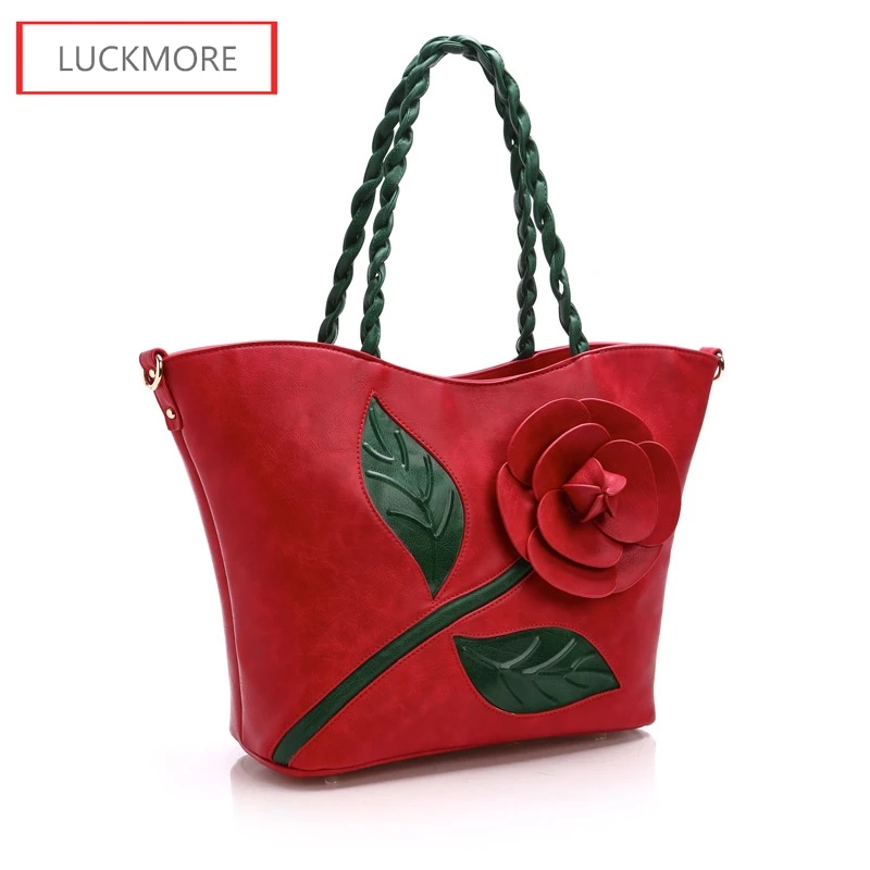 Hot!!Big Rose Flower Women Leather Handbags Luxury Women Handbag Famous Brand Female Tote Women Messenger Bag Vintage Women Bag