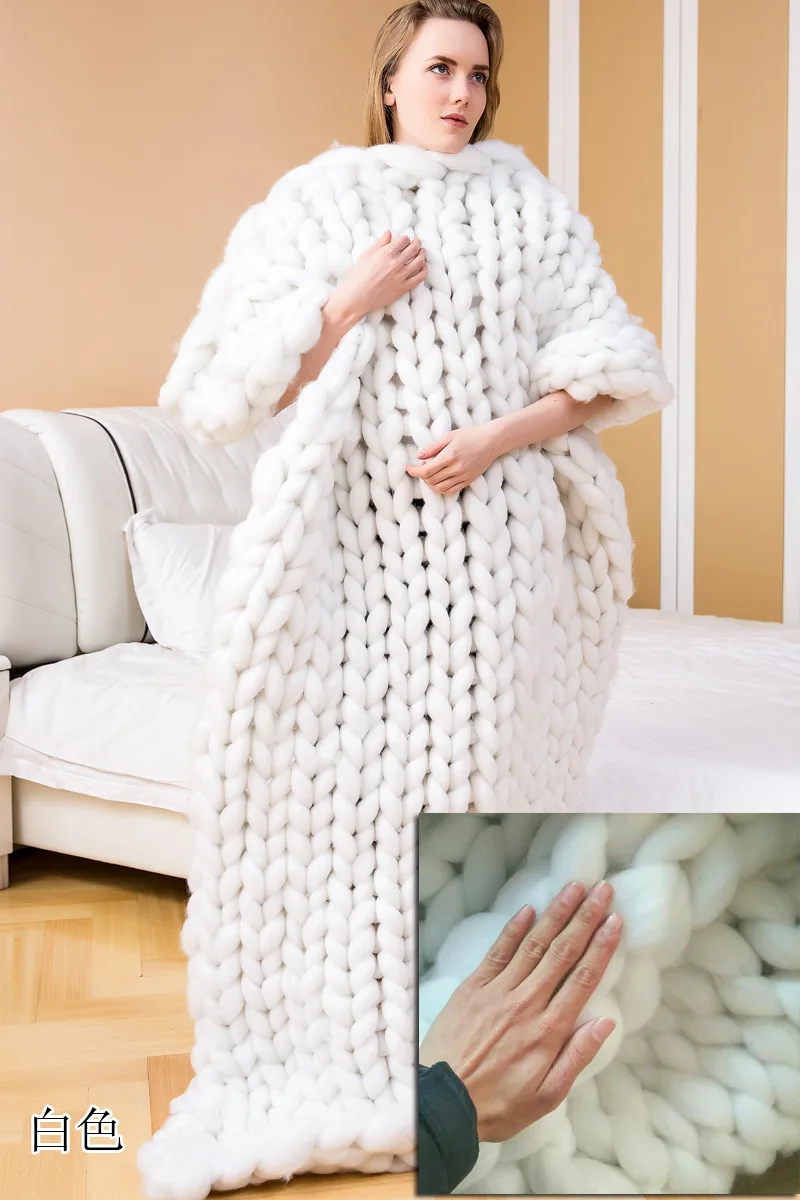 Вязаное одеяло s пряжа вязаное одеяло ручная вязка теплое массивное вязаное дешевое одеяло толстое объемное одеяло для дивана - Color: White