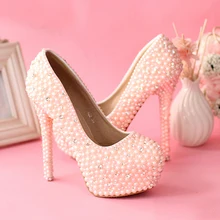 Süße Rosa Perlen Hochzeit Schuhe Frauen Rhienstone Pumpen Jeweled Hohe Ferse 5,5 Zoll Brautschuhe Kundenspezifische Party Prom Schuhe