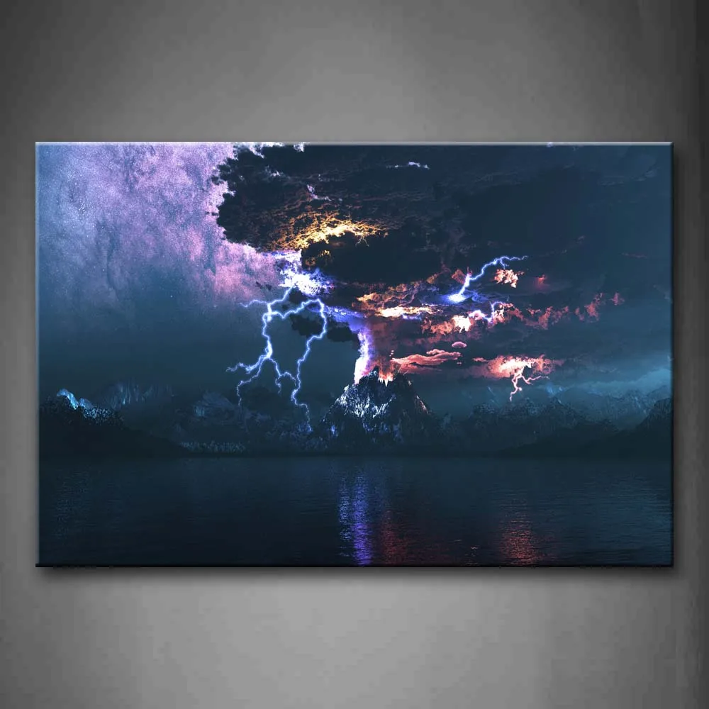 

Framed Wall Art Pictures Lightning Volcano Canvas Print Space Modern Poster With Wooden Frame For Home Living Room Decor