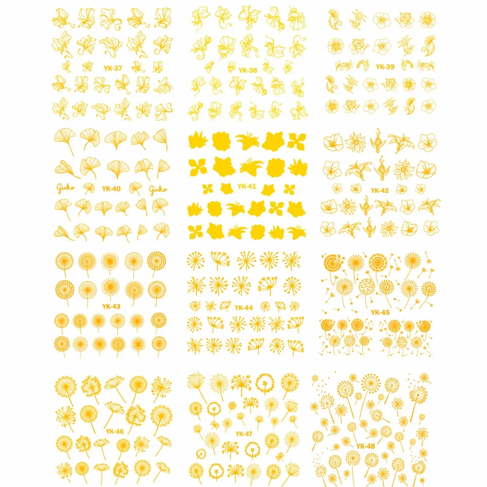 

12 PACKS / LOT Gold Silver Water Stickers Metallic Nail Decal Flower GINKO LEAF DANDELION BLOW BALL MORNING GLORY YK37-48