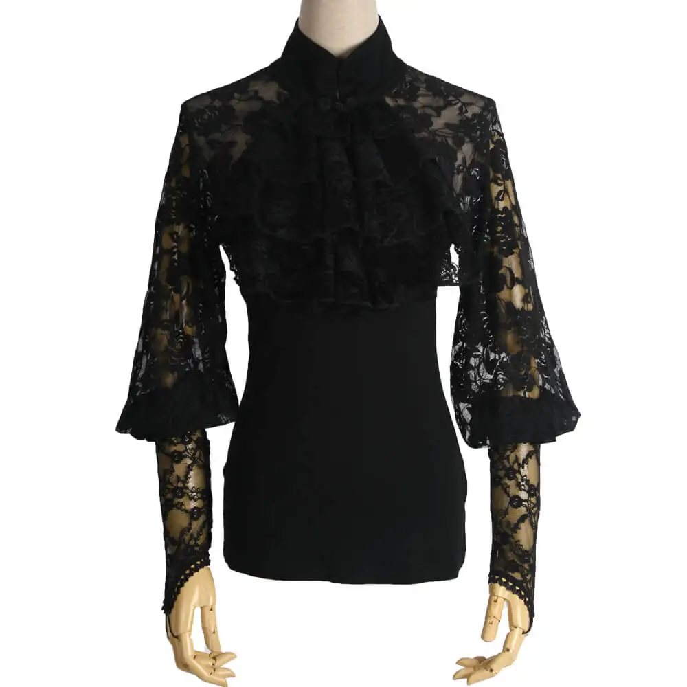 

Gothic Lace Long T-shirt Women Gloves Sexy Black Slim Knitting Halter Roses Tshirts Elegant Ladies Clothes Valentine's Day Gifts