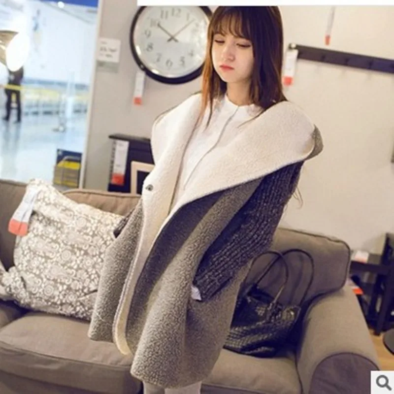

Women's Long Hooded Lambswool Pacthwork Loose Oversize Cardigans 2016 Autumn Winter Fashion Women Knitted Outwear Coat