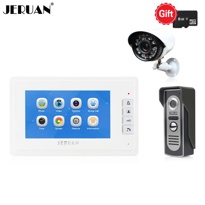 

JERUAN 7`` LCD Video Intercom Door Phone Video/Voice Recording Doorbell Intercom System kit IR COMS Camera +HD Analog Camera