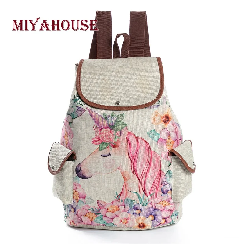 Miyahouse свежий дизайн милые льняные рюкзаки с принтом единорога для девочек