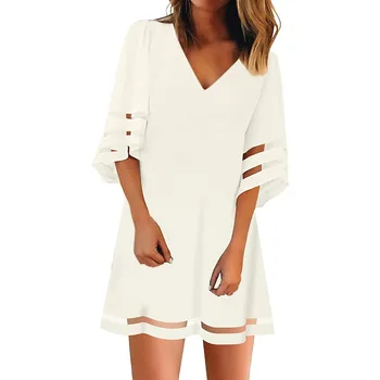 

KLV 2019 Women's V Neck Mesh Panel Blouse 3/4 Bell Sleeve Loose Top Shirt Dress free shipping D4