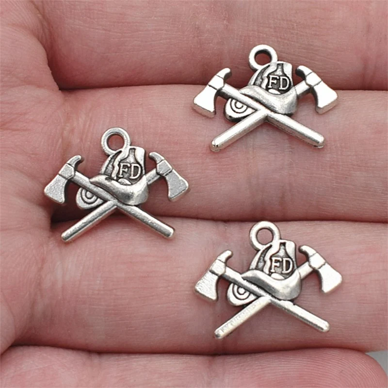 

6pcs 19*16mm Antique Silver Plated Firefighting Helmet Axes Fire Dept Charms Pendants fit Necklace Bracelet DIY Jewelry Making
