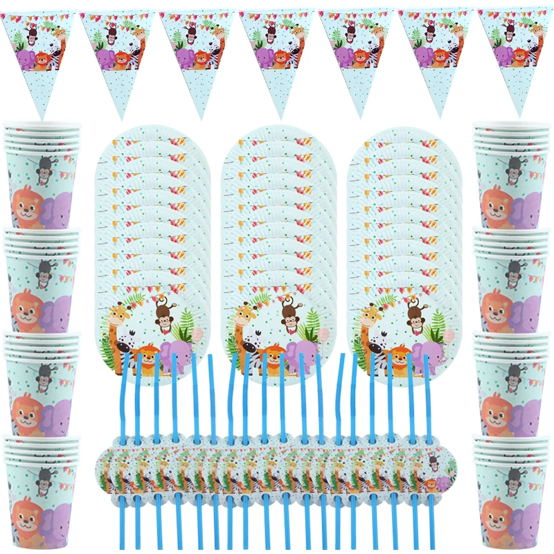

70pcs/lot Safari Party For Kids Birthday Disposable Tableware Baby Shower Animal Birthday Party Supply Kid Boys Favor