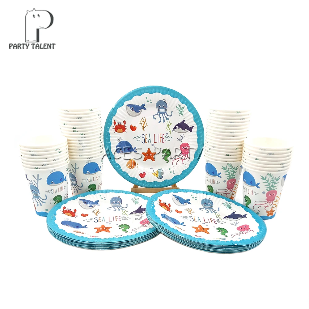 

Party supplies 96pcs Seaworld Marine Animals party kids birthday party tableware set, 48pcs plates dishes and 48pcs cups glasses