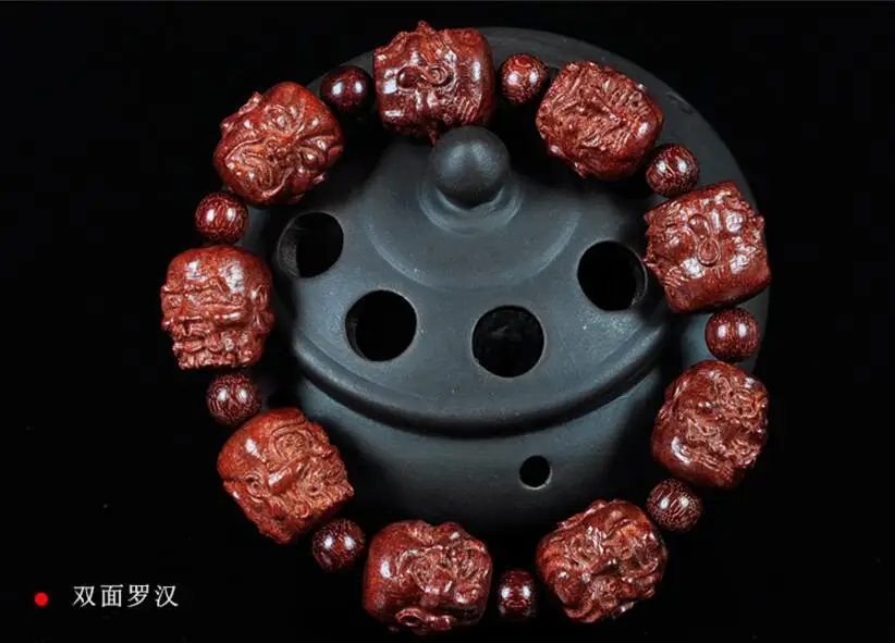 

Tibetan Buddhism Blood Wingceltis Wood Carved Arhat Lohan Buddha Head Bracelet