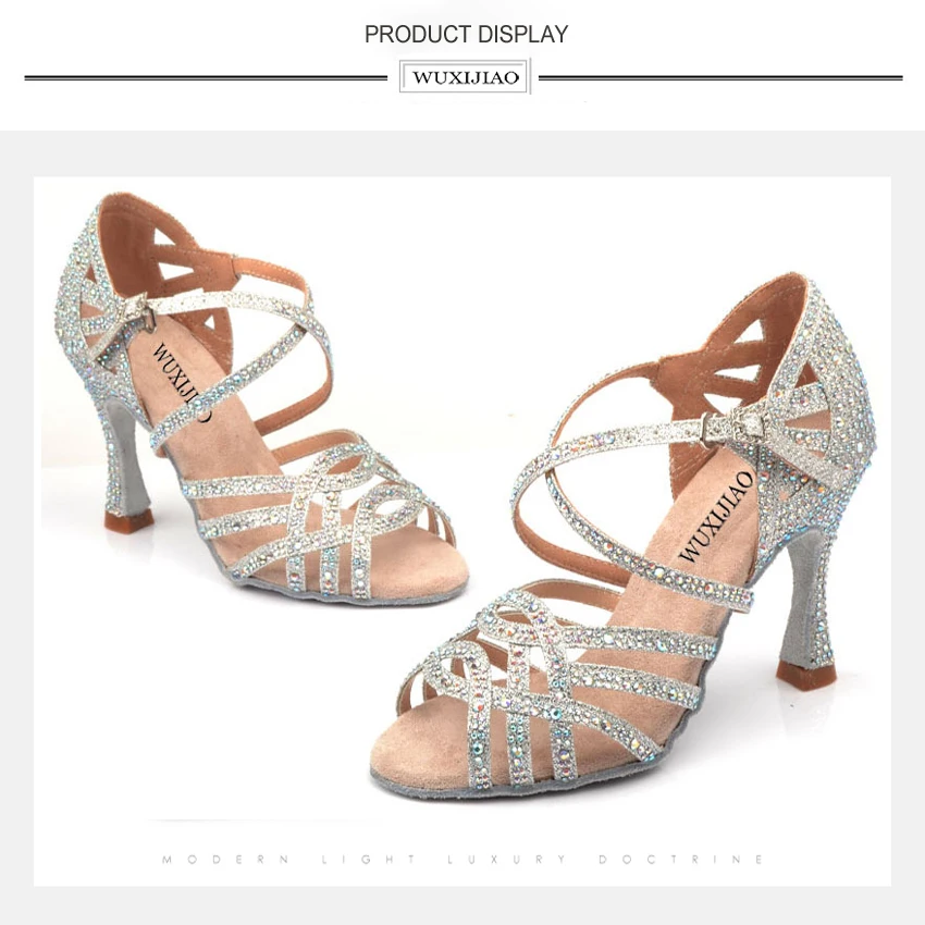 Wuxijiao prata azul strass sapatos de dança