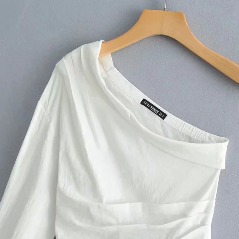 Асимметричная Женская плиссированная рубашка, Повседневная белая блузка с длинным рукавом, Летний стиль, косой воротник, шикарные топы, уличная сорочка S5526