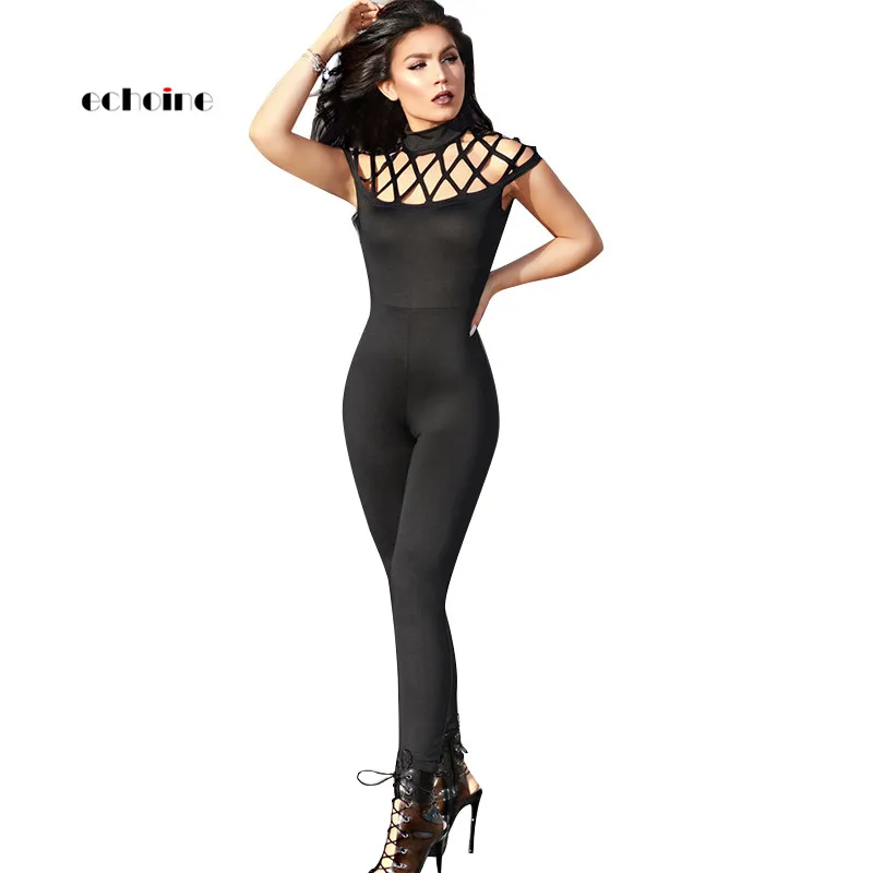 

Echoine Women Jumpsuit Sexy Sheath Hollow Out Zipper Short Sleeve Long Pencil Pants Night Club Bodycon Rompers Female Streetwear