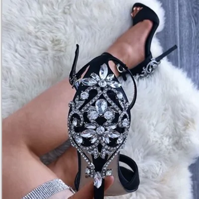 diamond heels Rhinestone Stiletto Lady Sexy Crystal Thin Heels Sandals Shoes Summer Party Dress Pumps Shoes Black Bling Crystal
