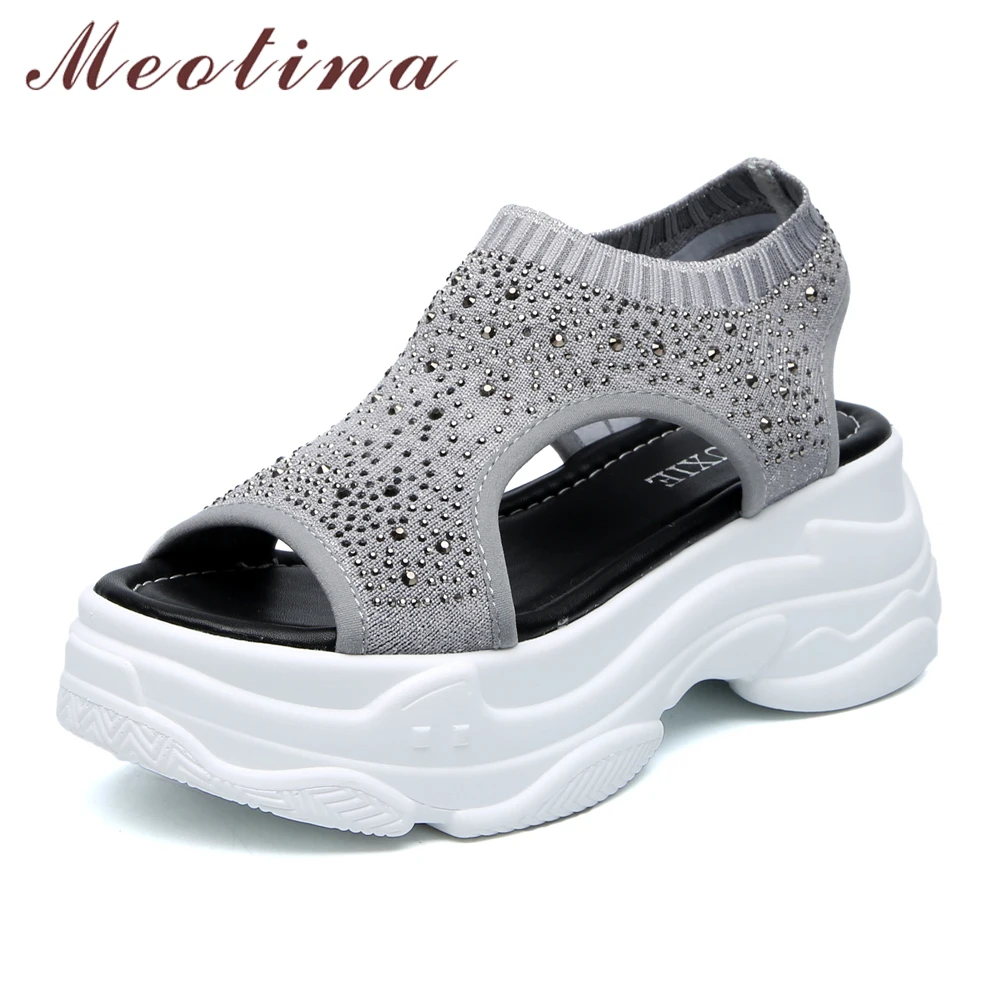 

Meotina Summer Sandals Women Shoes Cutout Flat Platform Casual Shoes Crystal Elastic band Peep Toe Sandals Lady Gray Size 34-39