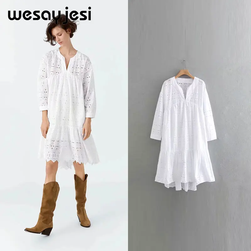 

2019 dress women vestidos England style a-line long sleeve hollow out knee-length v neck vestidos de fiesta party dress