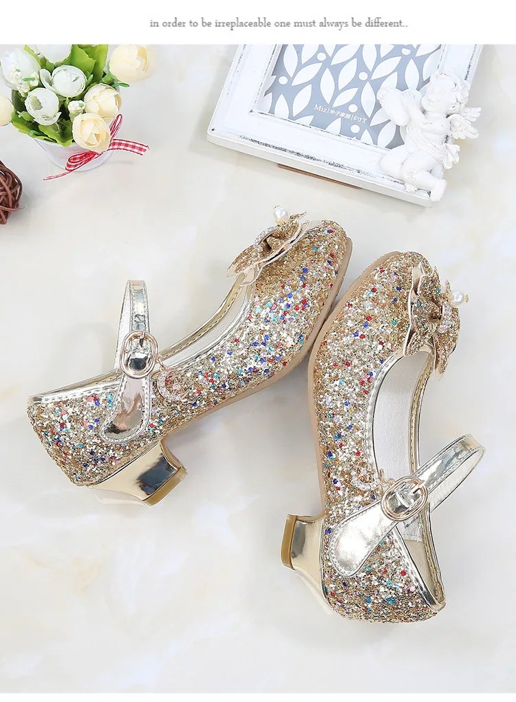 Girl Children Sequins High-heeled Dress Shoes Kids Spring& Autumn Butterfly-knot Party Wedding Princess Girls Shoes CSH814