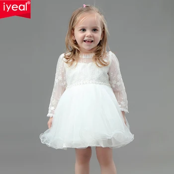 

IYEAL Newest Princess Baby Girl Hollow Out Long Sleeve Prom Birthday Party Dress Ivory Elegant Baptism Dresses Vestido Infantil