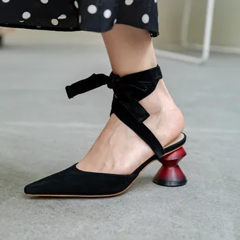 

MLJUESE 2019 women sandals Kid Suede ankle strap black color lace up pointed toe high heels beaches sandals party dress