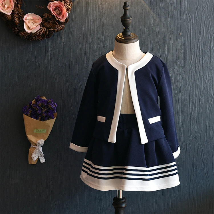 

Wholesale New Girls Clothes Set spring fall Outfits Long Sleeve Blue coat + Skirt 2 Pcs Children Clothing Suit Korean style 3-8Y