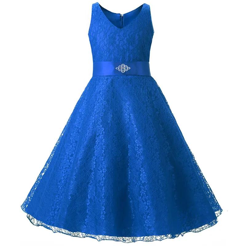 ТРАПЕЦИЕВИДНОЕ ПЛАТЬЕ для причастия для девочек длиной до колена торжественное кружевное платье с цветочным узором для девочек на свадьбу цвет слоновой кости, красный, синий, черный - Цвет: Синий