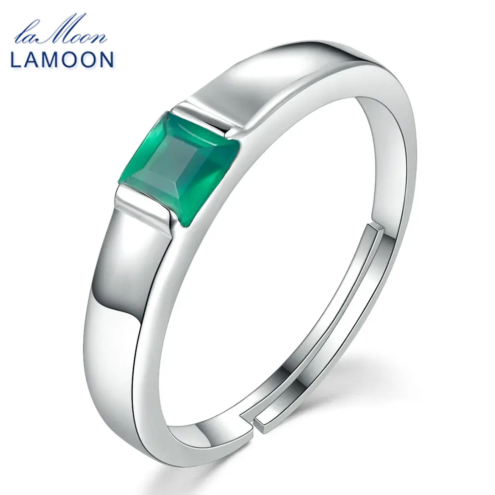 LAMOON Adjustable Pricess cut 4mm 0.23ct Green Agate Chalcedony 925 Sterling Silver Jewelry Wedding Ring S925 LMRI006 | Украшения и