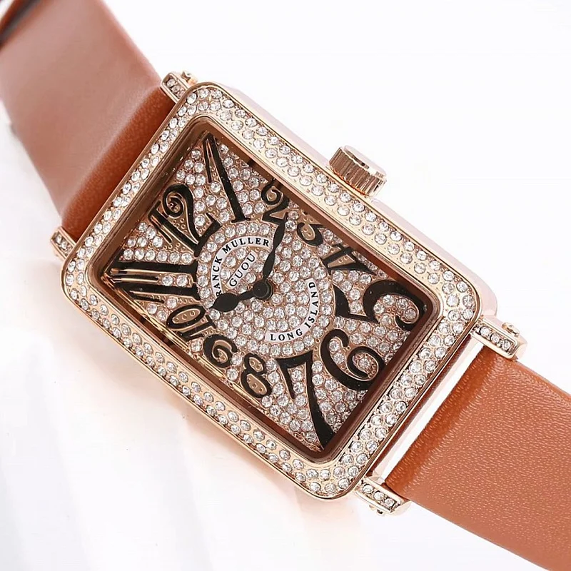 

Fashion 42MM Full Diamond Digital Dial Ladies Watch Rose Gold Case Leather Strap Wild Waterproof Quartz Women's Watch women gift